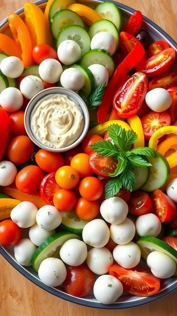 A colorful appetizer platter with tomatoes, cucumbers, bell peppers, mozzarella balls, and hummus, garnished with fresh herbs.